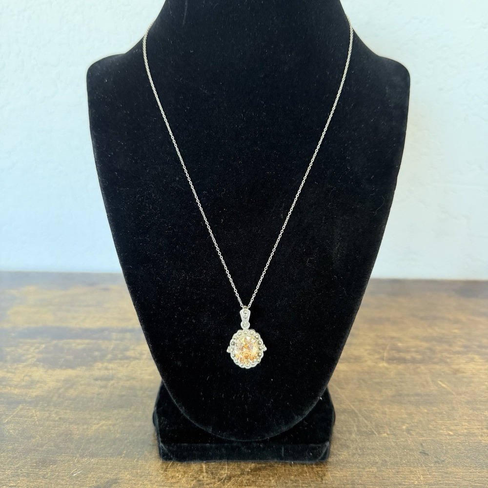925 Sterling Silver‎ Amber CZ Halo Pendant Necklace Marcasite 18in